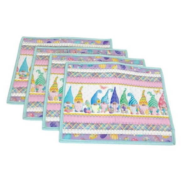 Spring Garden Easter Gnomes Table Placemats 4PC Set Eggs Butterflies Quilted - Picture 1 of 5